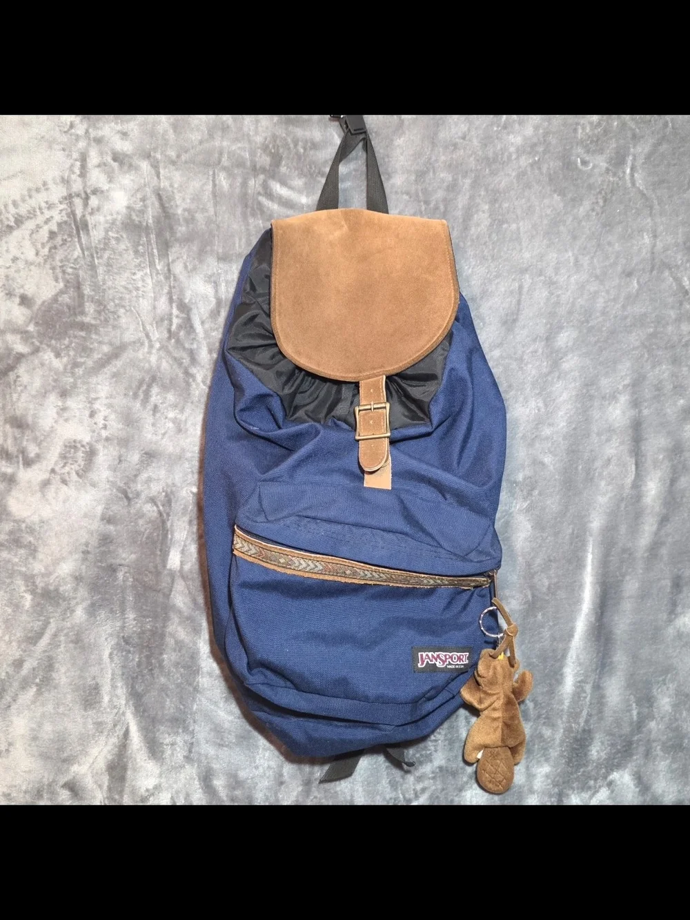 JanSport Navy Backpack with Brown Suede Flap